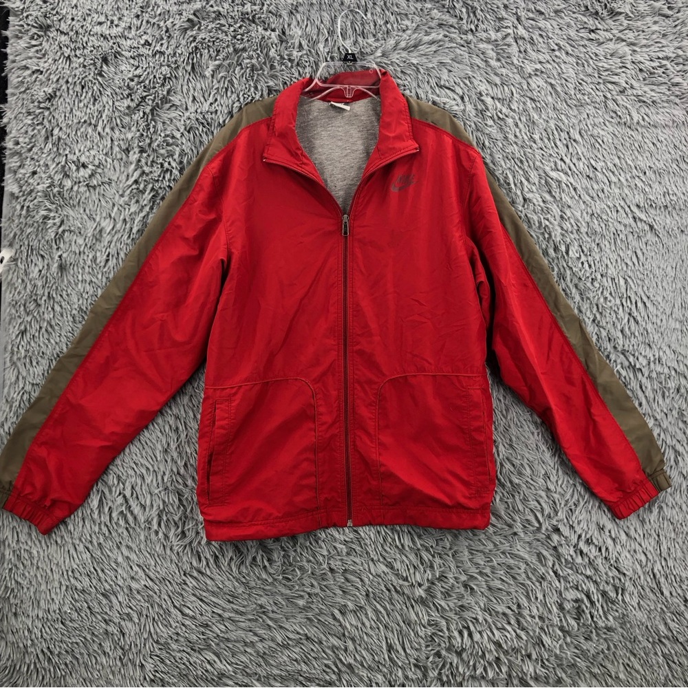 Nike Jacket Mens Large Red Gray Full Zip Jacket Pockets Toggle Hem